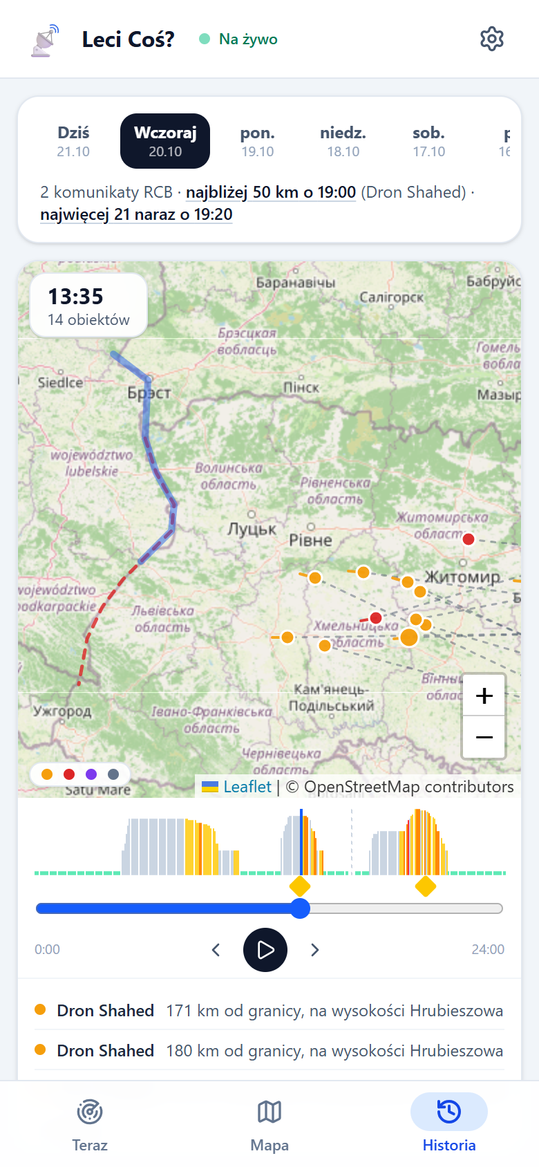 Zakładka Historia: wybór dnia, mapa z obiektami i ich śladami, oś czasu z liczbą obiektów i znacznikami Alertów RCB